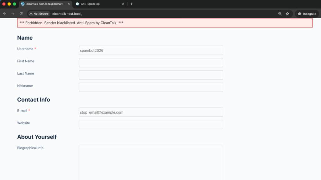 Screenshot: Forbidden, sender blacklisted - Profile Builder test registration blocked by CleanTalk.
