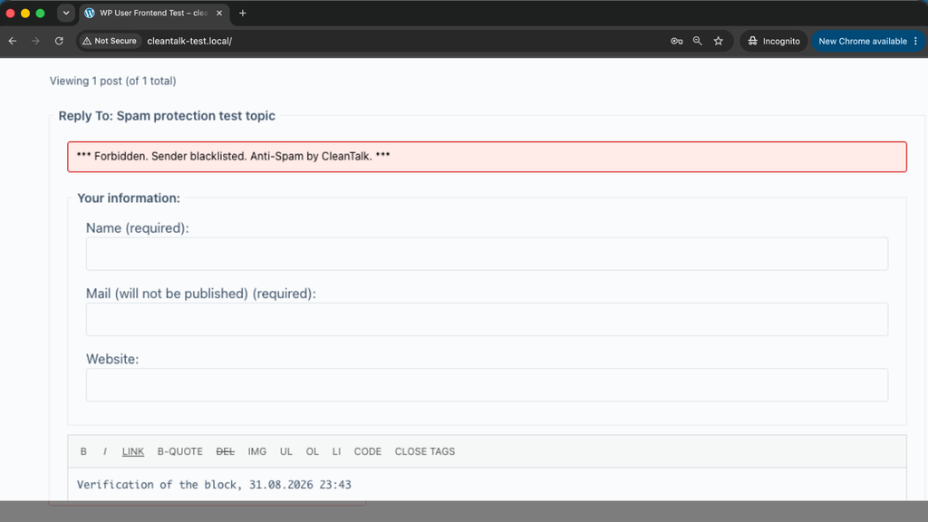 Forbidden, sender blacklisted - bbPress reply blocked by CleanTalk (live test).