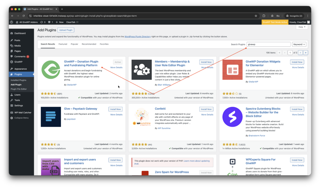 GiveWP plugin in WordPress catalog.