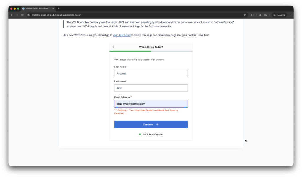 Testing spam protection for GiveWP.
