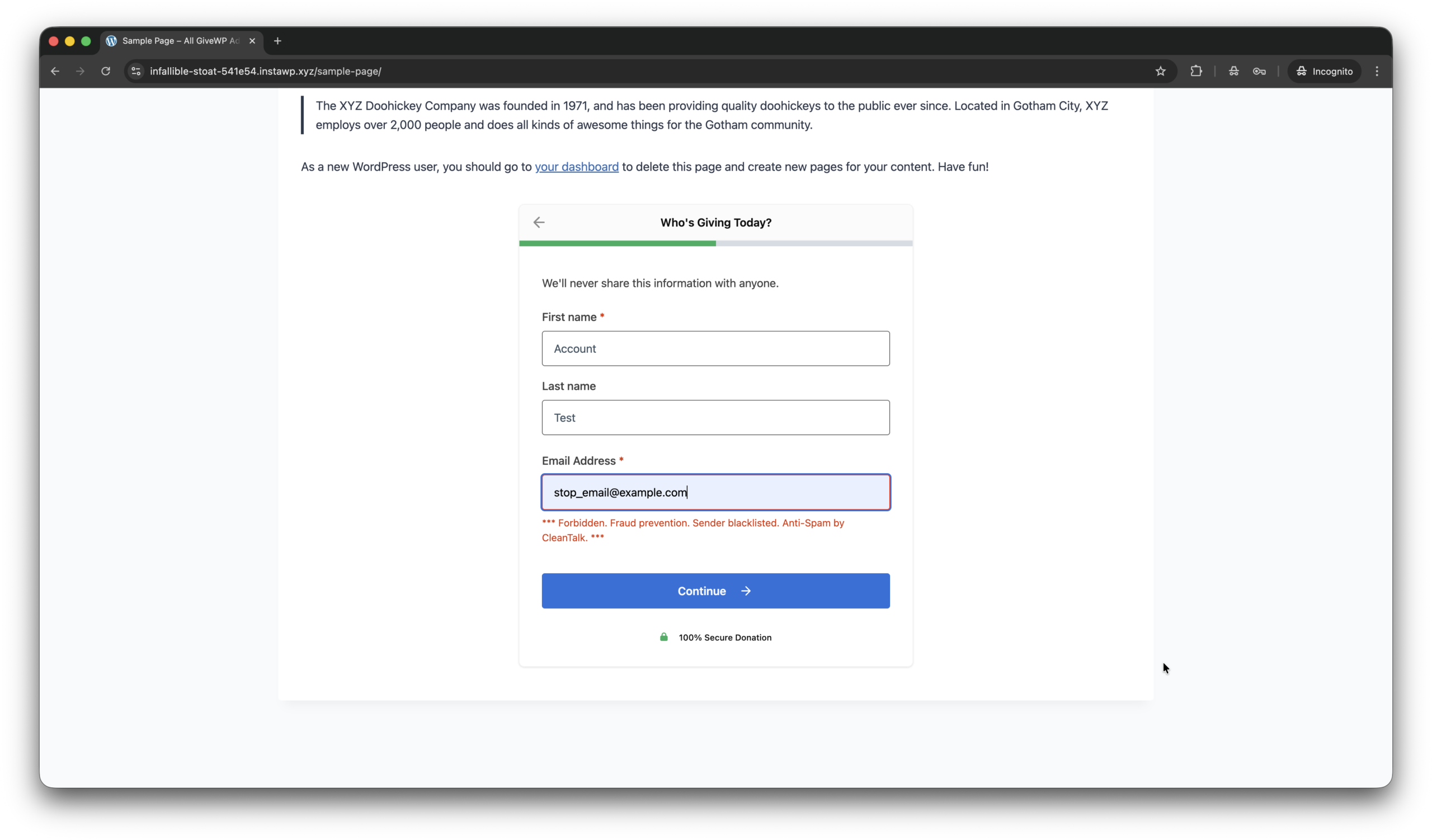 Testing spam protection for GiveWP.