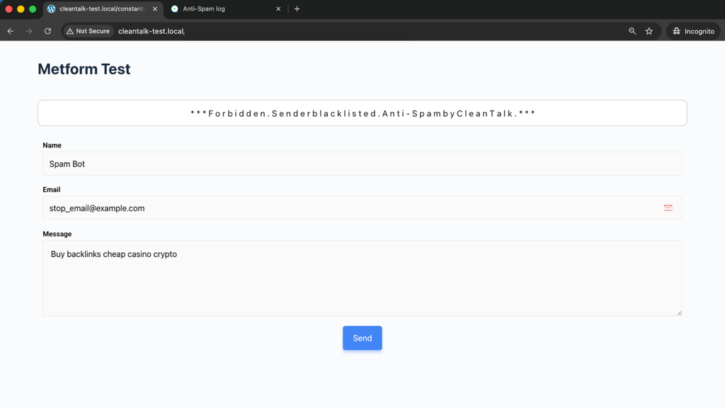 Forbidden, sender blacklisted - MetForm submission blocked by CleanTalk (live test).