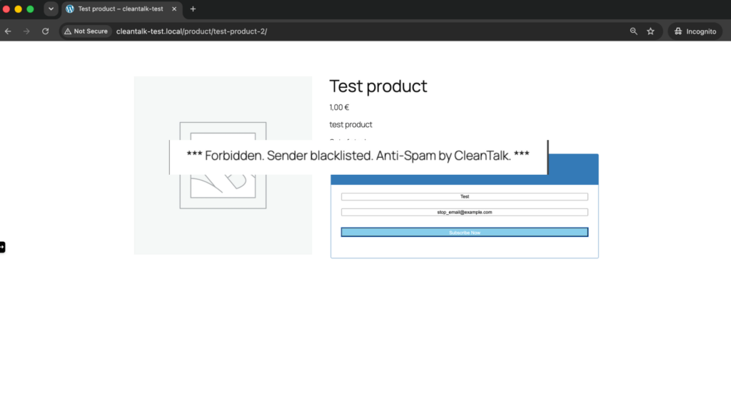 Screenshot: Forbidden, sender blacklisted - Product Enquiry for WooCommerce test submission blocked by CleanTalk.