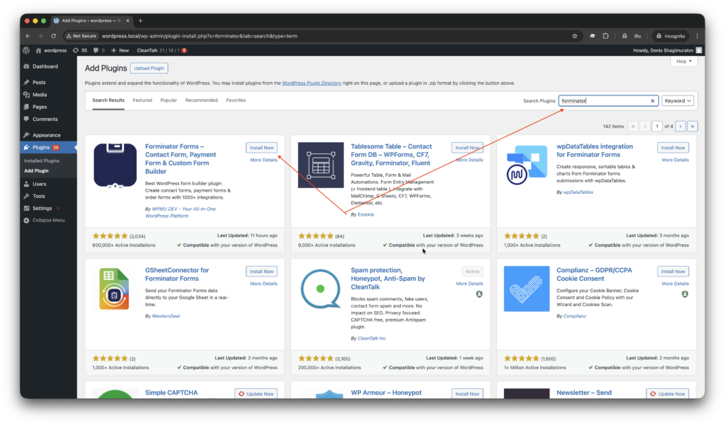 WordPress console -> Plugins -> Add plugin -> Search -> forminator. 