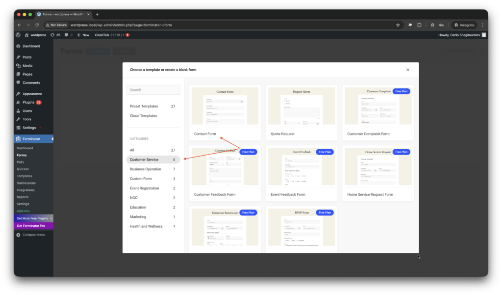 WordPress console -> Forminator > Forms -> +ADD NEW -> Customer service -> Contact form.