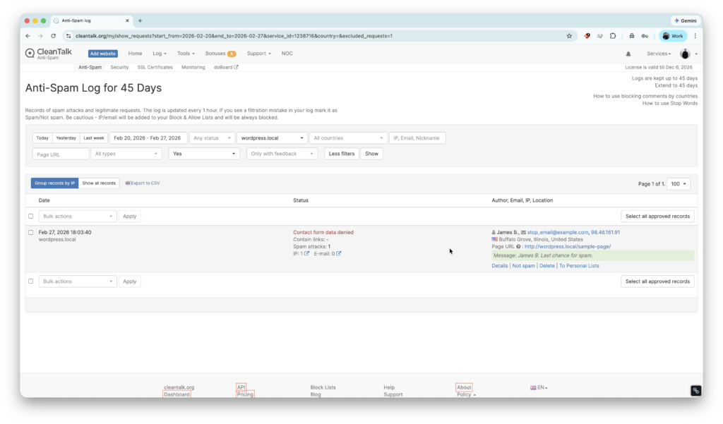 Anti-Spam Cloud Dashboard, Forminator form.