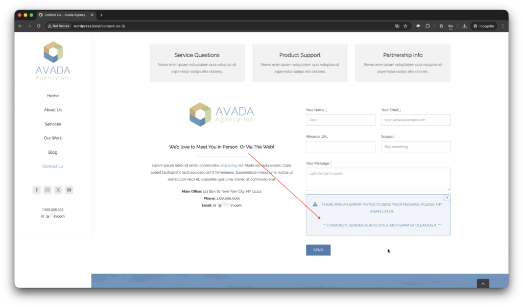 Spam (test) submission is blocked at Avada form.