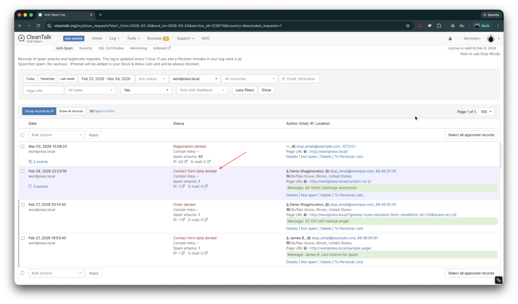 Cloud Dashboard, Anti-Spam Log, spam submission is blocked for an Avada form.