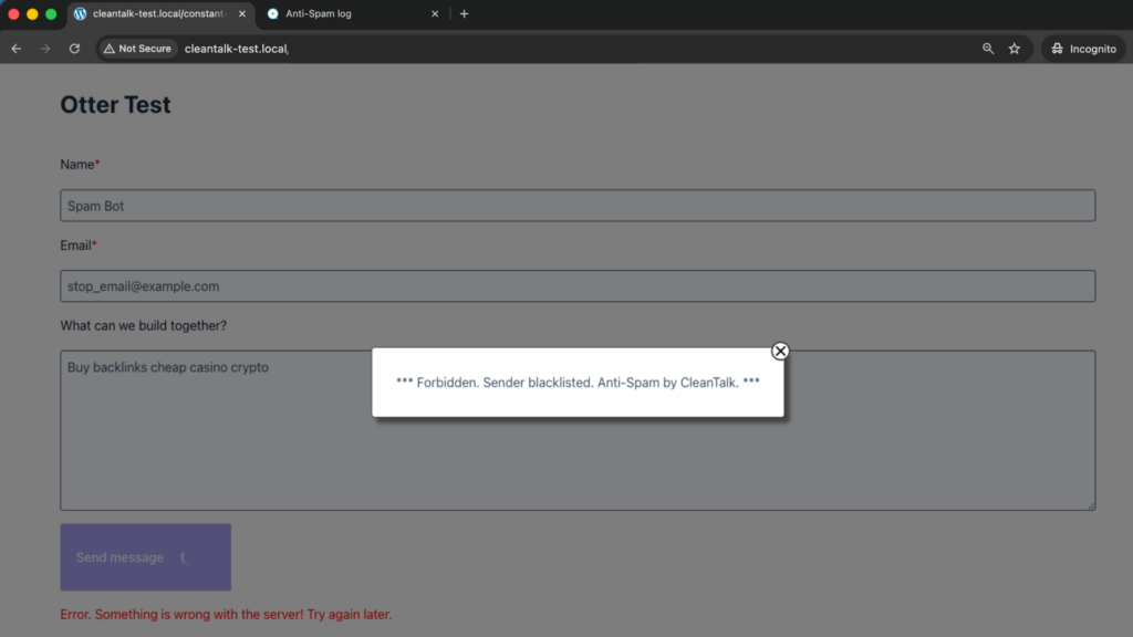 Screenshot: Forbidden, sender blacklisted - Otter Blocks test submission blocked by CleanTalk.