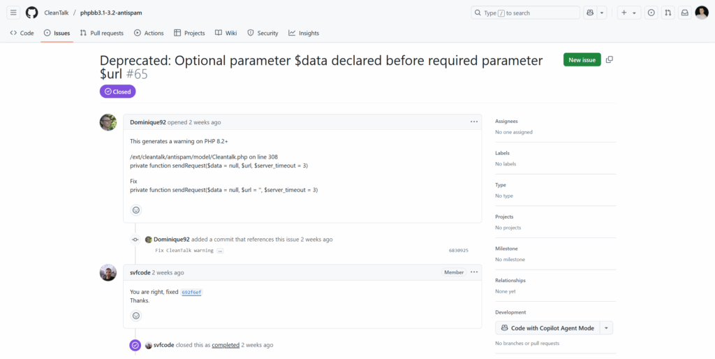 Deprecated Optional parameter data declared before required parameter url · Issue 65 · CleanTalk phpbb3 1 3 2 antispam 04 28 2025 04 29 PM