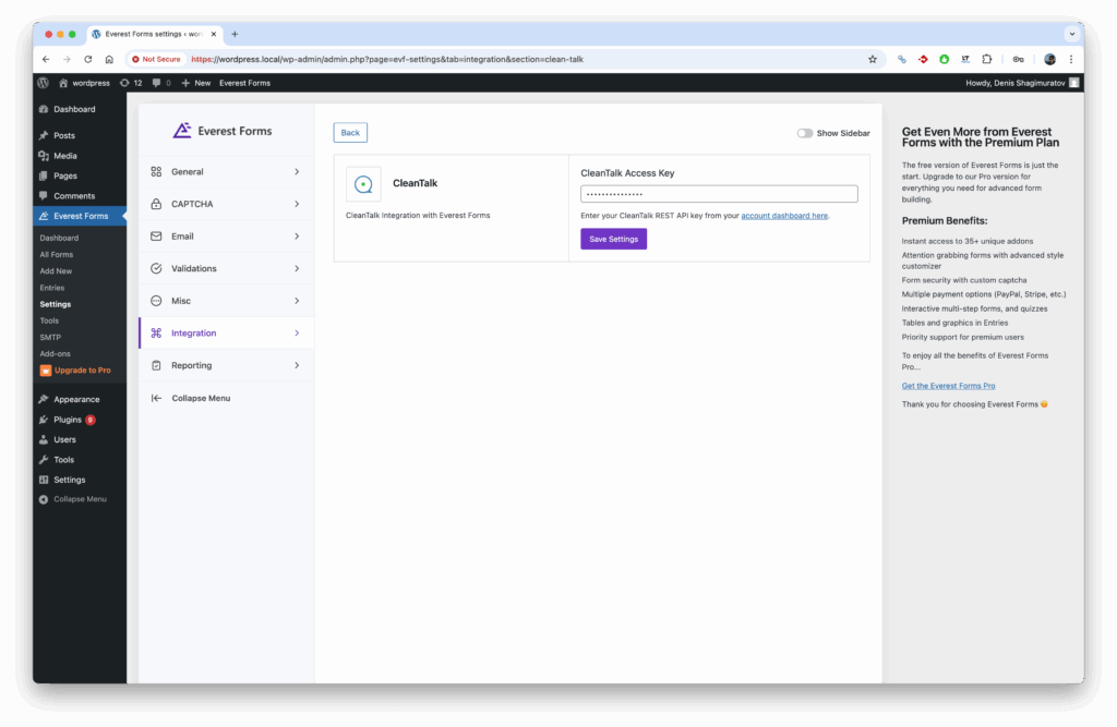 CleanTalk settings under Everest forms.