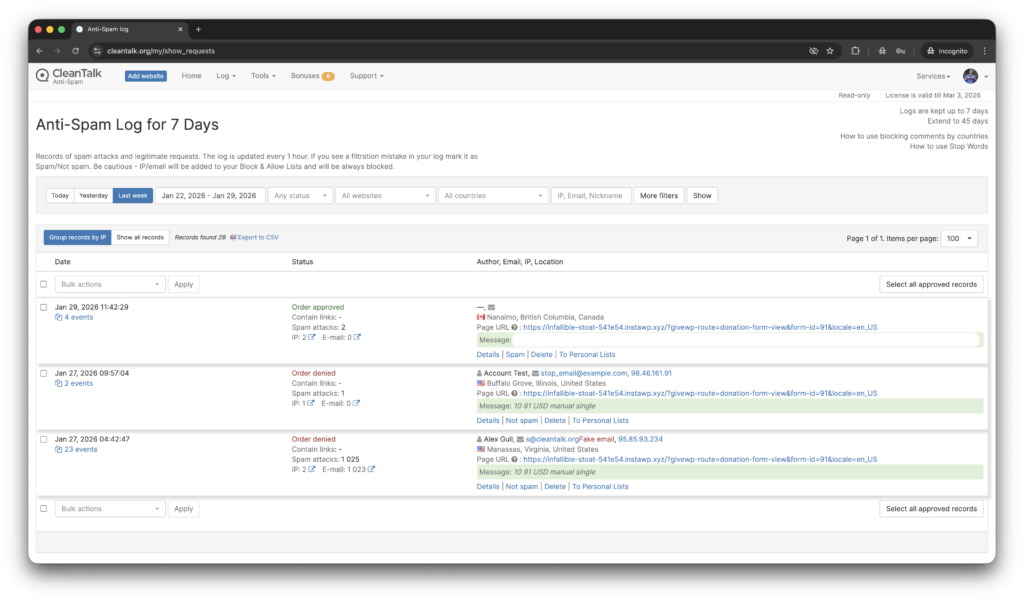 Anti-Spam log in the CleanTalk's Dashboard.
