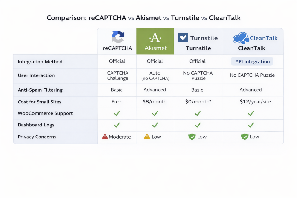 Anti-Spam solutions for Contact form 7 comparison chart.