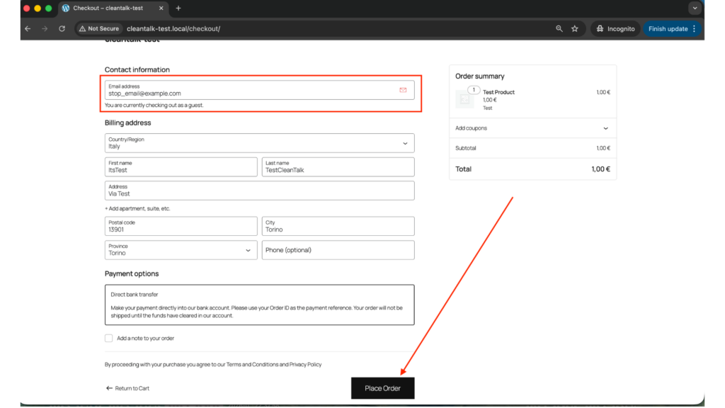 Fake order creation WooCommerce step 2.