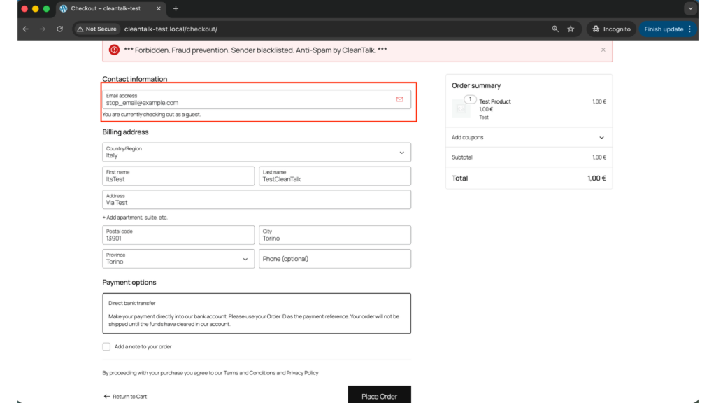 Fake order creation WooCommerce step 3. Result