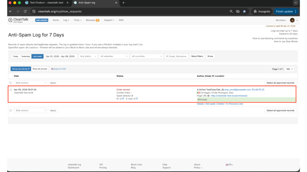 Fake order creation WooCommerce step 4. Result CleanTalk