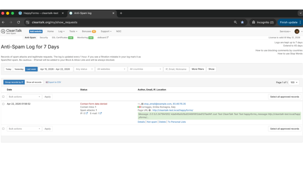 Result: Cloud Dashboard by CleanTalk