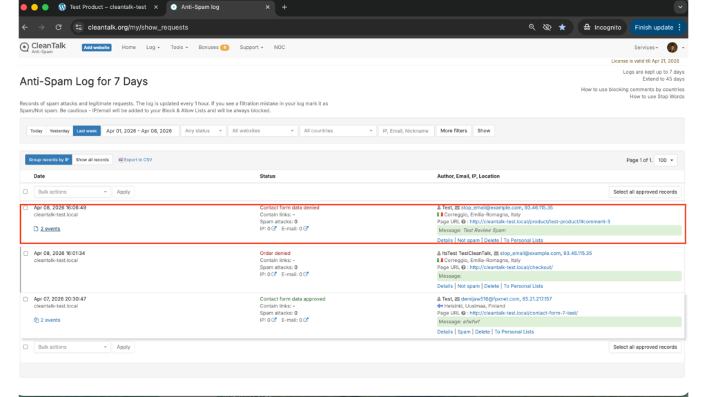 Fake review creation WooCommerce step 3. Result Clean Talk
