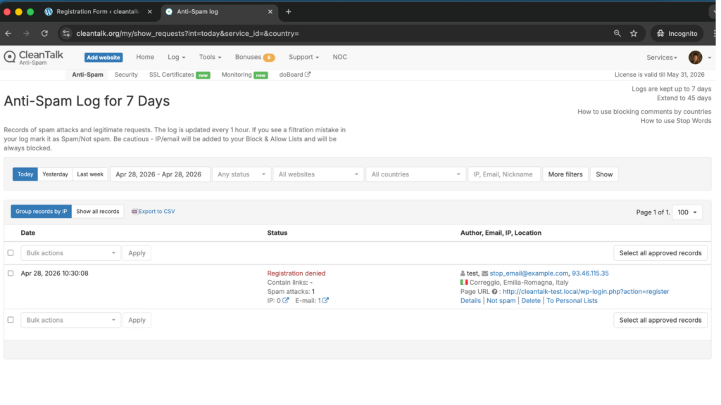 Cloud Dashboard shows that spam registration was successfully bloked.