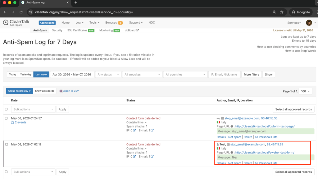 Cloud Dashboard shows that spam registration was successfully bloked.