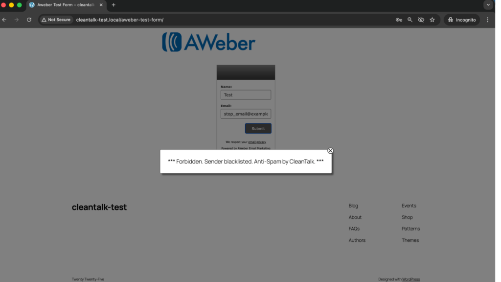 If everything is configured properly, the signup should be blocked or should not appear as a normal subscriber in your AWeber list.