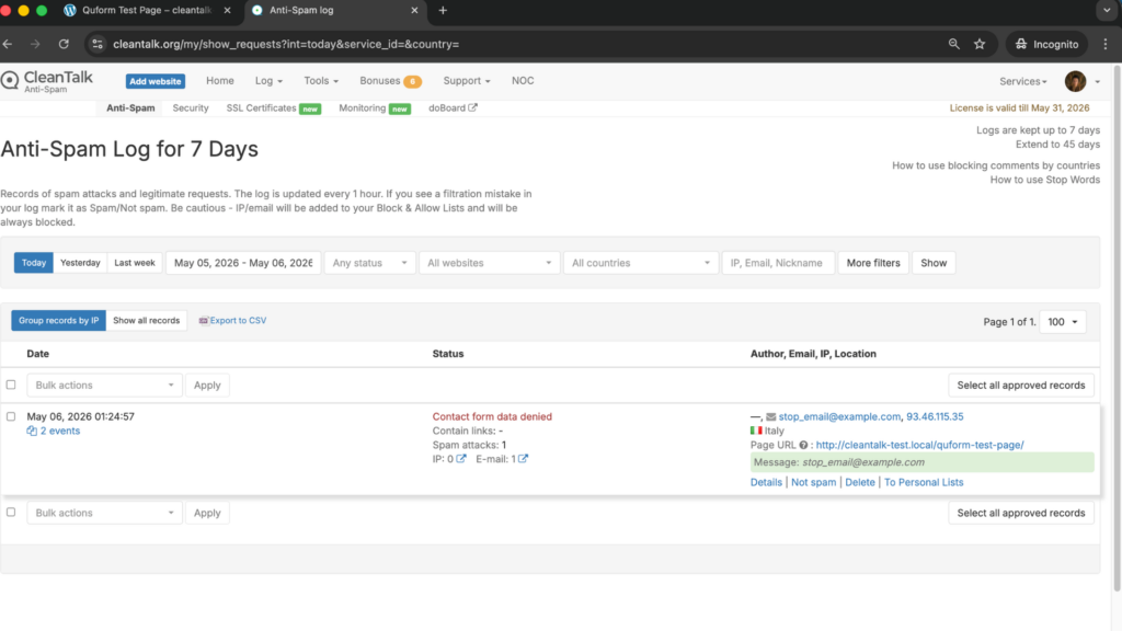 Result: Cloud Dashboard by CleanTalk
