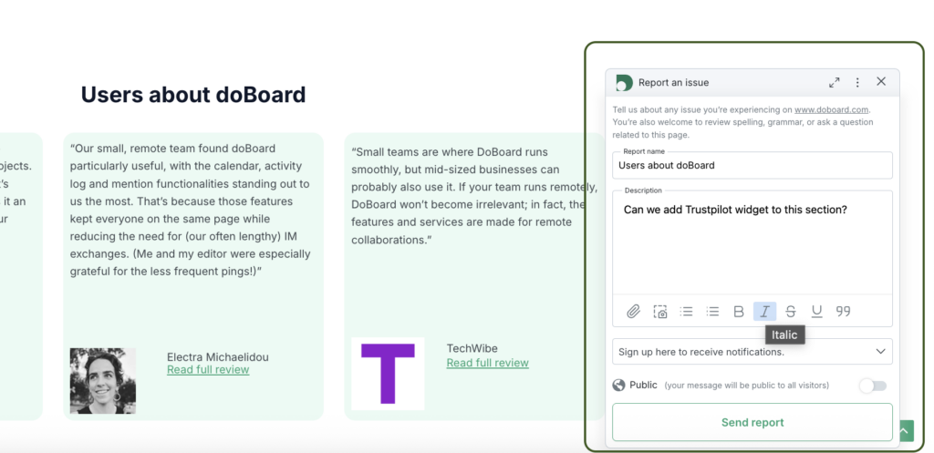 Spotfix website feedback widget on a live page showing a user leaving a comment with context inside a pop-up window.