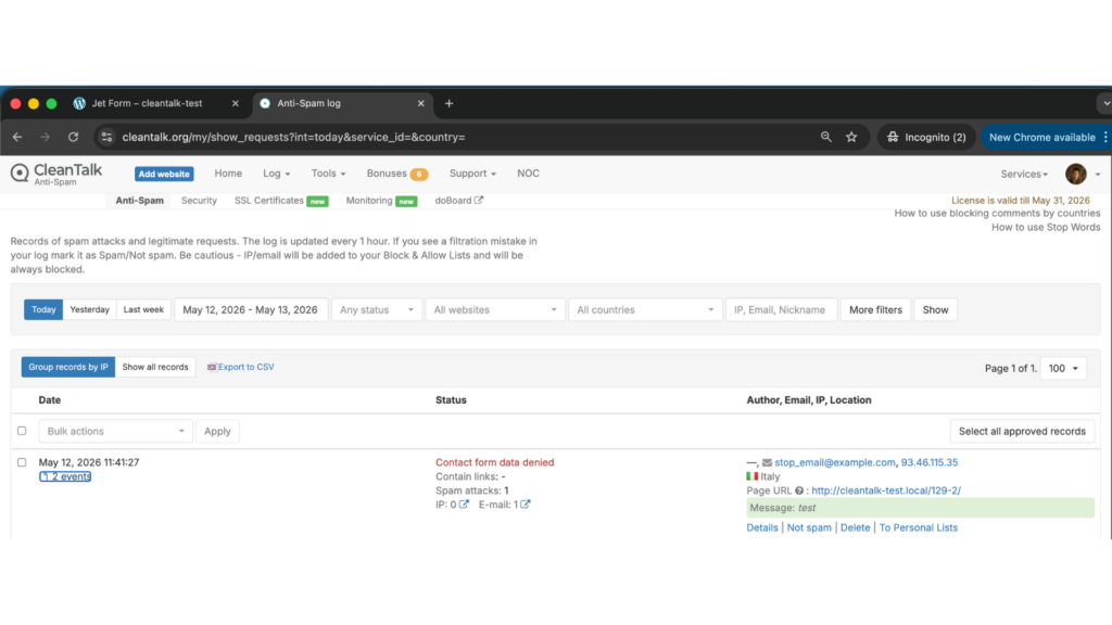 Result: Cloud Dashboard by CleanTalk