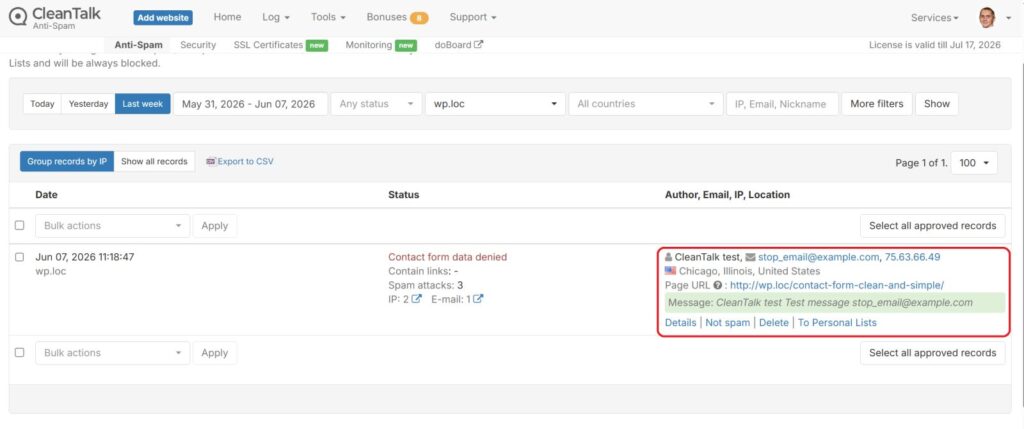 Clean and Simple Contact Forms spam protection logs
