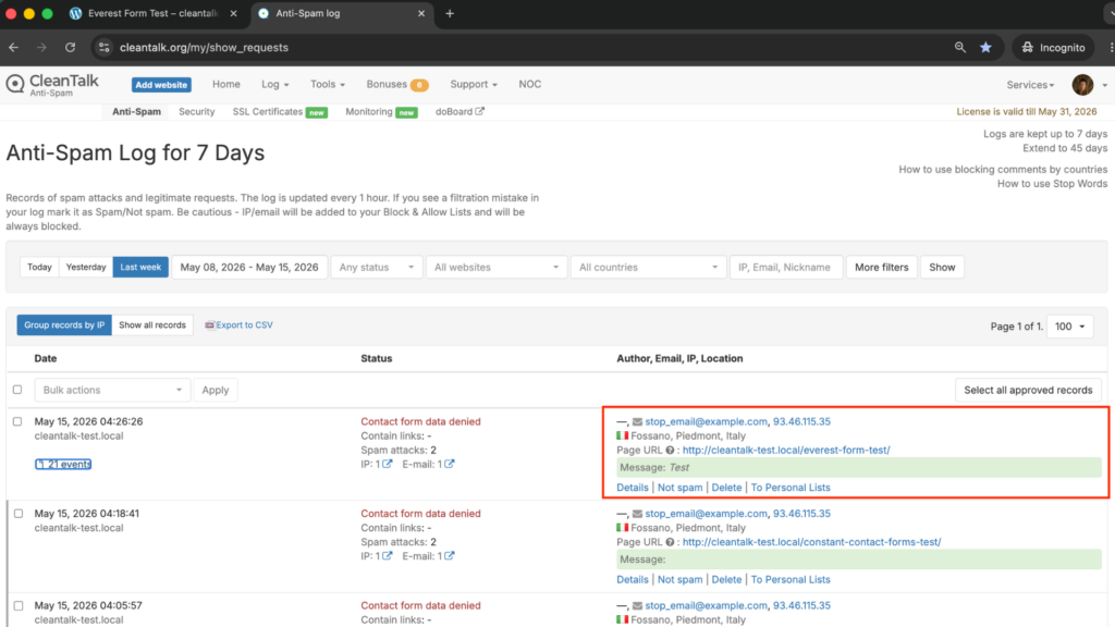 Result: Cloud Dashboard by CleanTalk