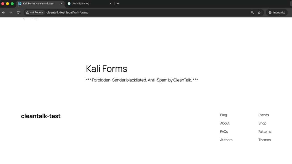 If you see this message, it means CleanTalk successfully protects your Kali forms from spam.