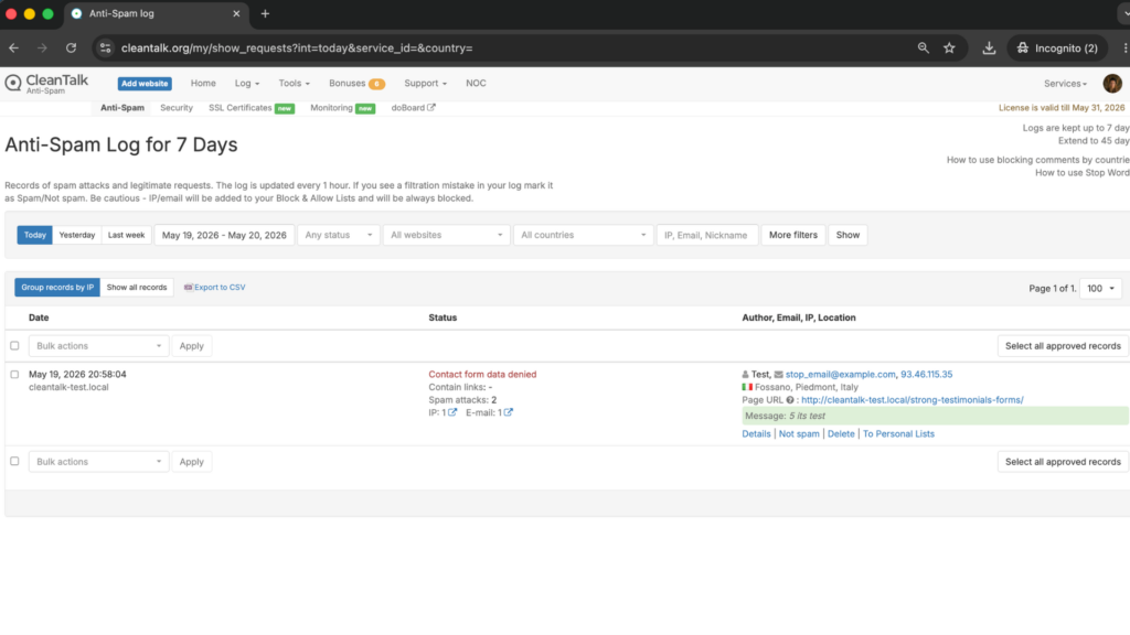 Result: Cloud Dashboard by CleanTalk