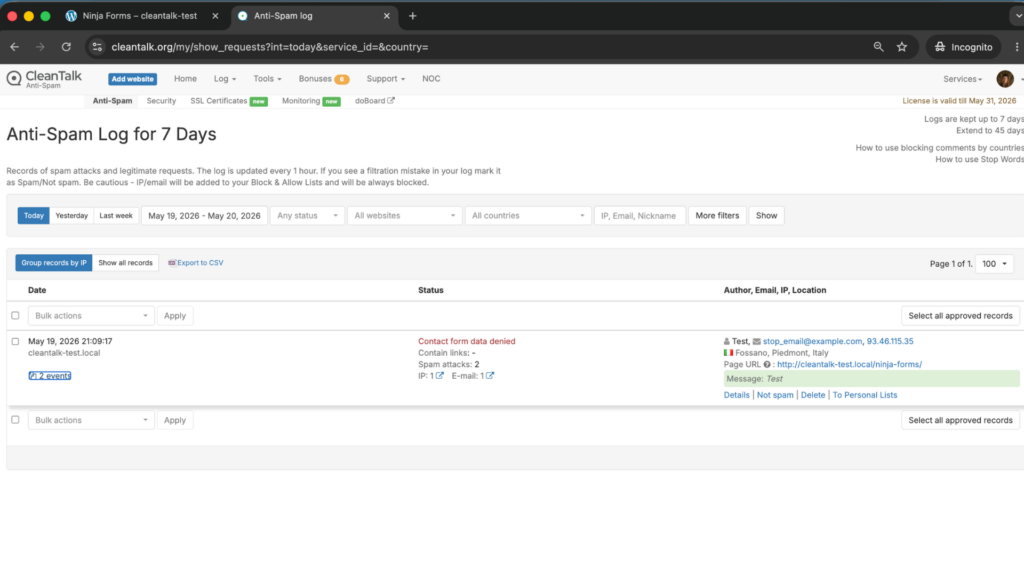 Result: Cloud Dashboard by CleanTalk