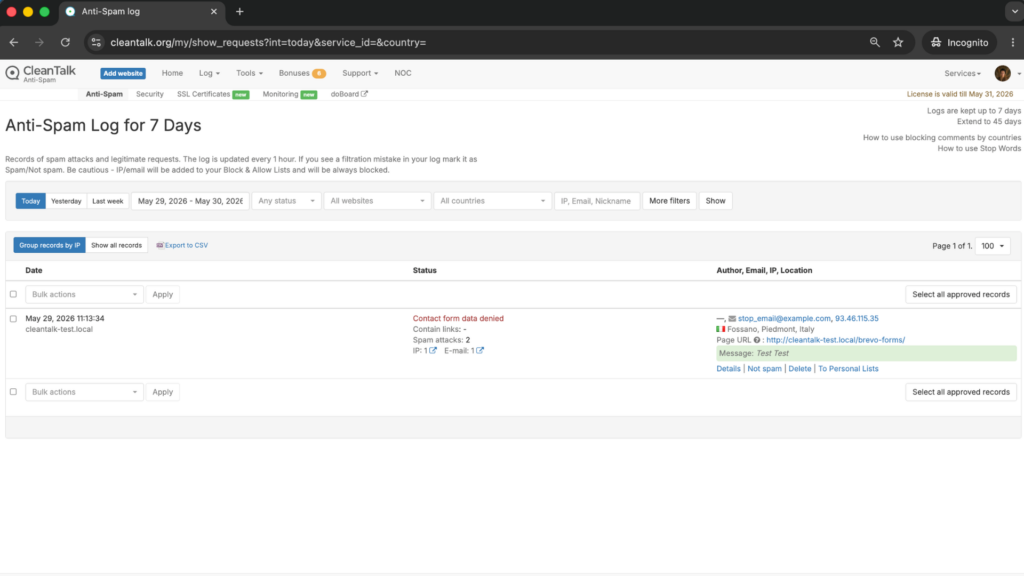 Result: Cloud Dashboard by CleanTalk
