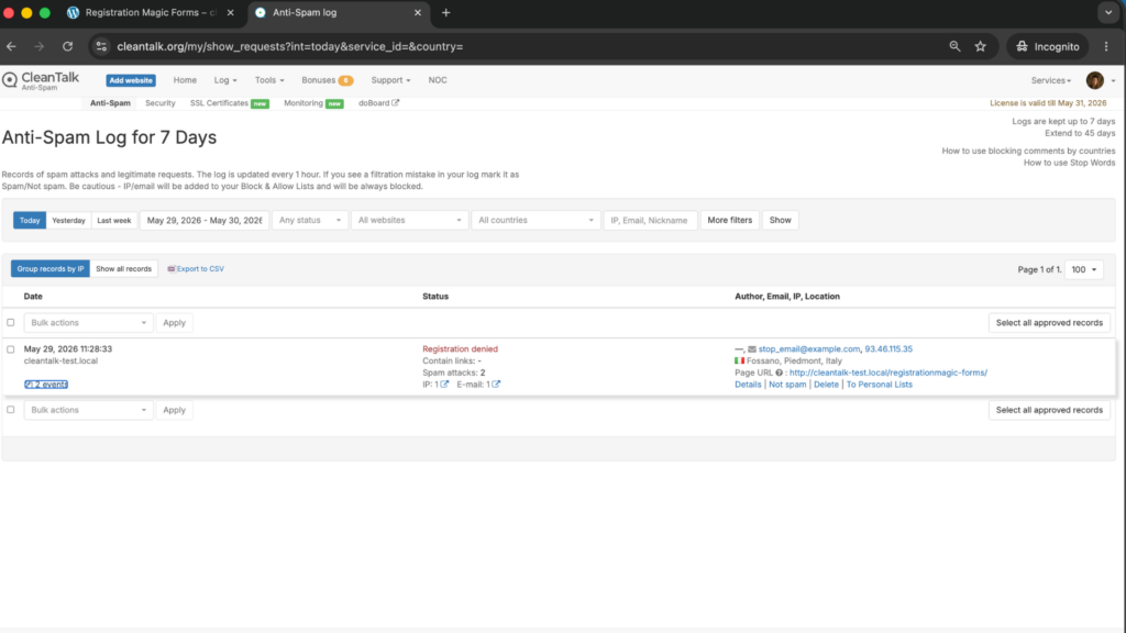 Result: Cloud Dashboard by CleanTalk