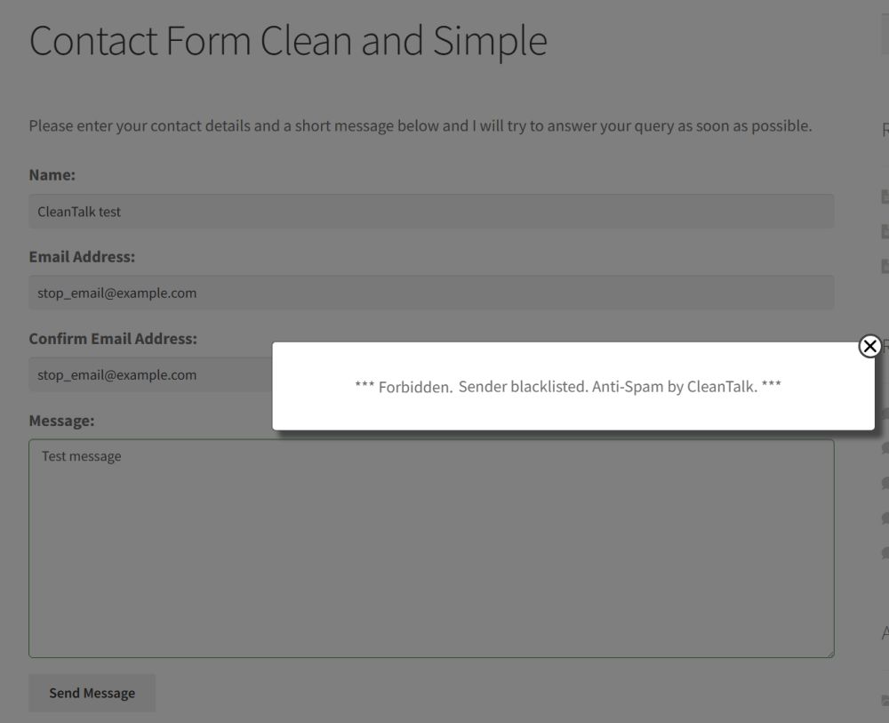 Clean and Simple Contact Forms spam protection test