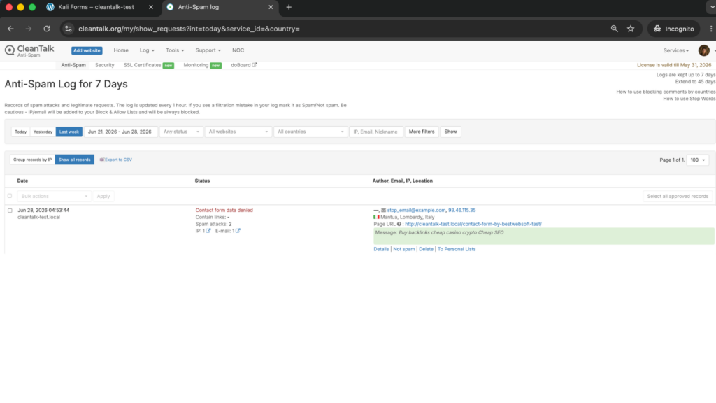 Result: Cloud Dashboard by CleanTalk