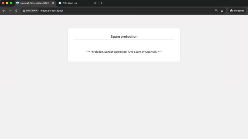 Screenshot: Forbidden, sender blacklisted - Contact Form by BestWebSoft test submission blocked by CleanTalk.