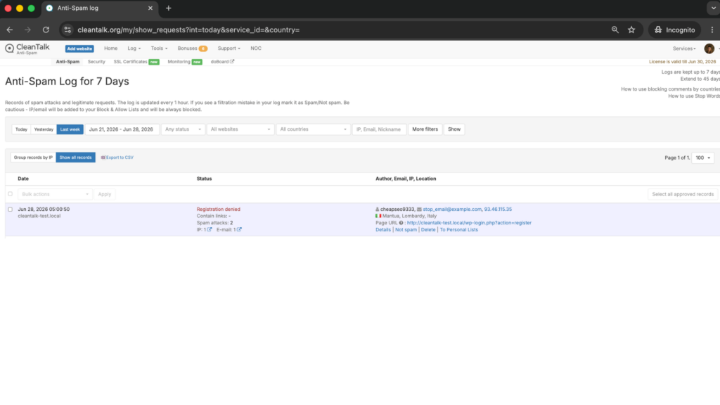 Result: Cloud Dashboard by CleanTalk