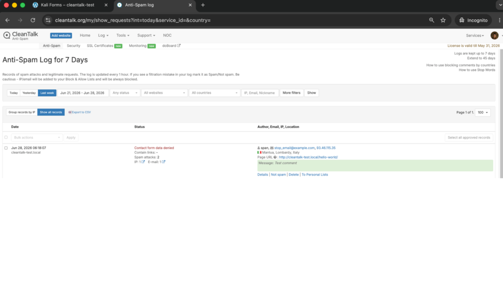 Result: Cloud Dashboard by CleanTalk
