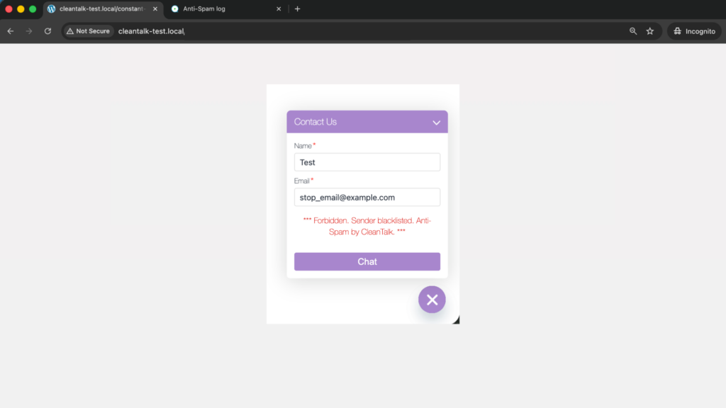 Screenshot: Forbidden, sender blacklisted - Chaty test submission blocked by CleanTalk.