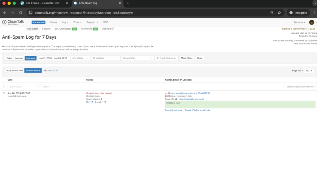 Result: Cloud Dashboard by CleanTalk