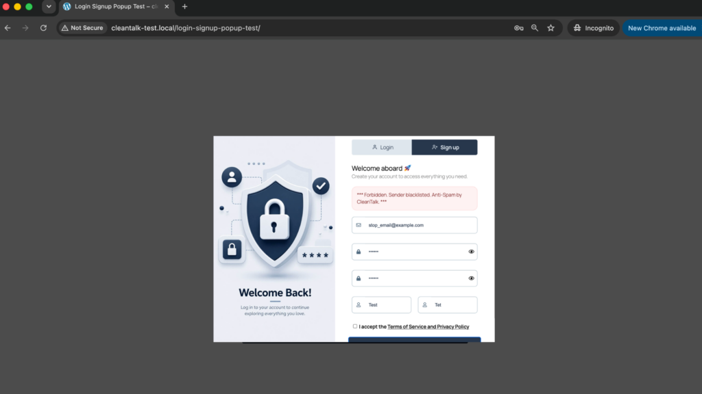 Screenshot: Forbidden, sender blacklisted - Login/Signup Popup test submission blocked by CleanTalk.