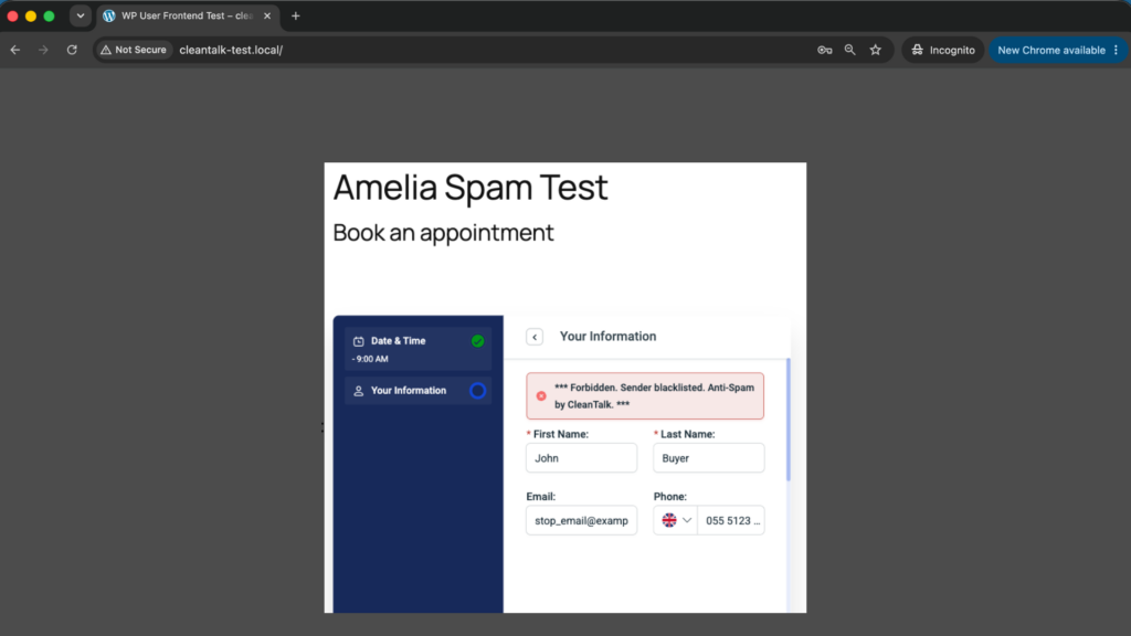 Screenshot: Forbidden, sender blacklisted - Amelia test submission blocked by CleanTalk.