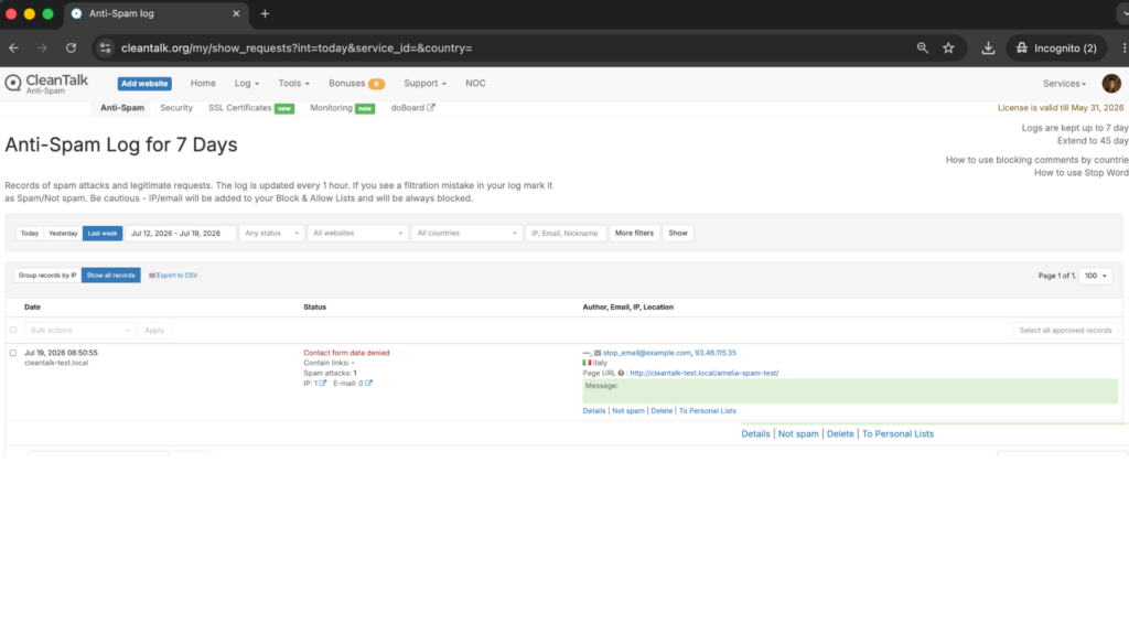 Cloud Dashboard shows that spam registration was successfully bloked.