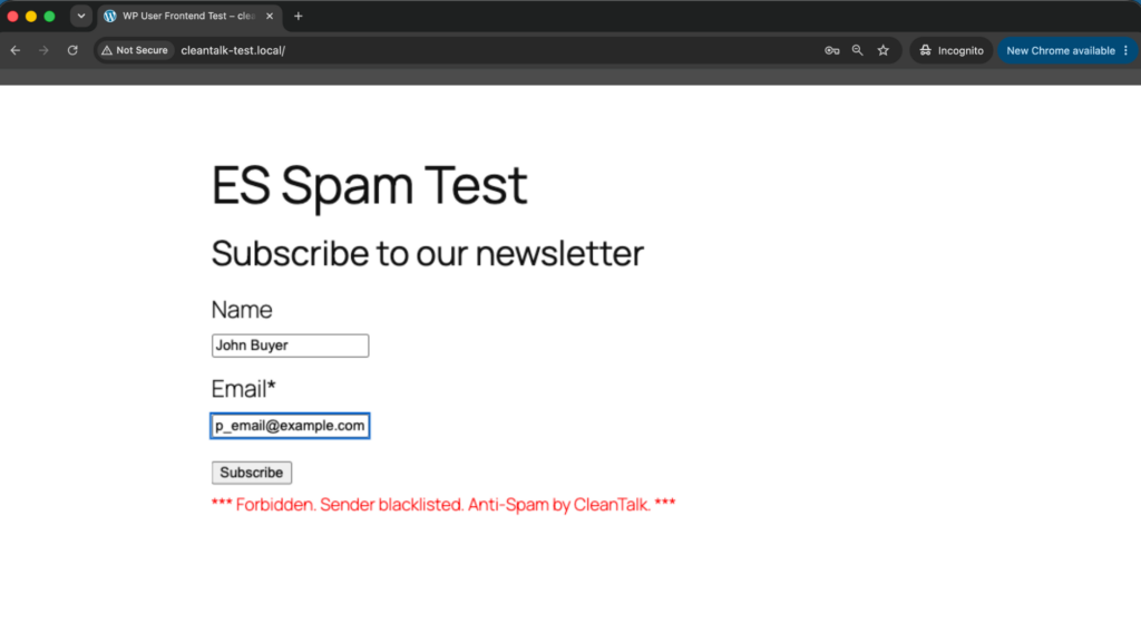 Screenshot: Forbidden, sender blacklisted - Email Subscribers test submission blocked by CleanTalk.