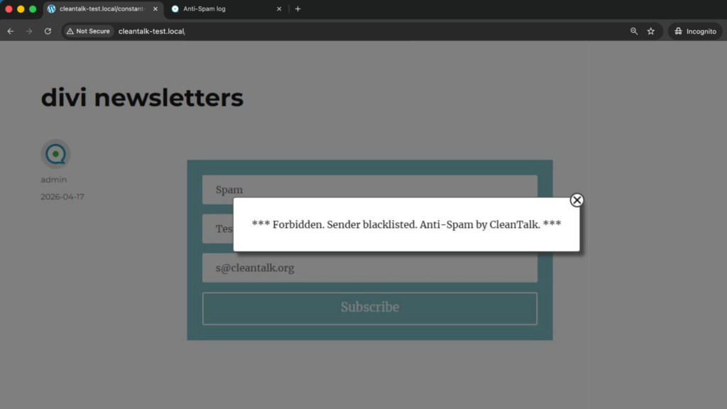 Screenshot: Forbidden, sender blacklisted - Divi Email Optin test submission blocked by CleanTalk.