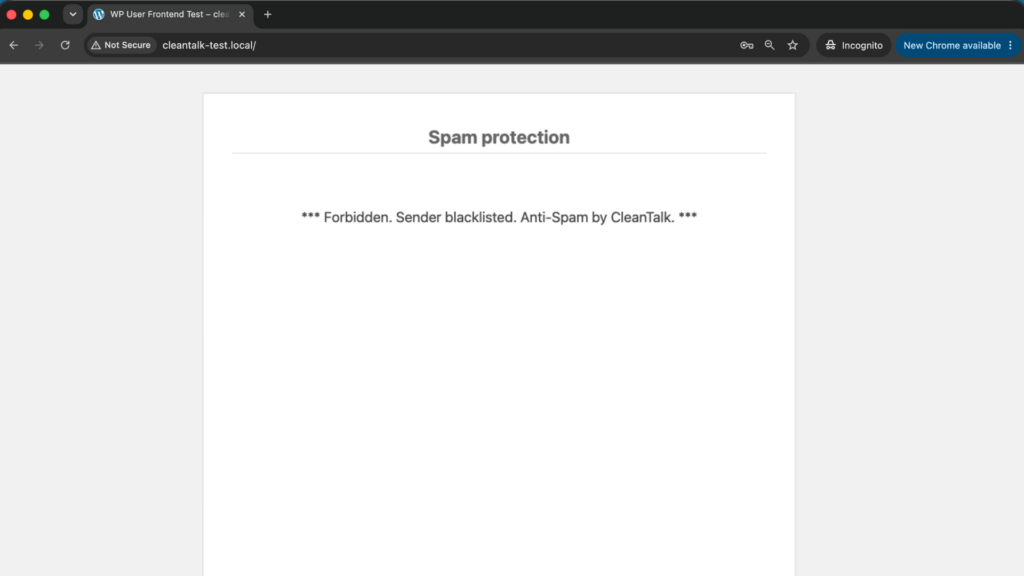 Screenshot: Forbidden, sender blacklisted - Tutor LMS test submission blocked by CleanTalk.