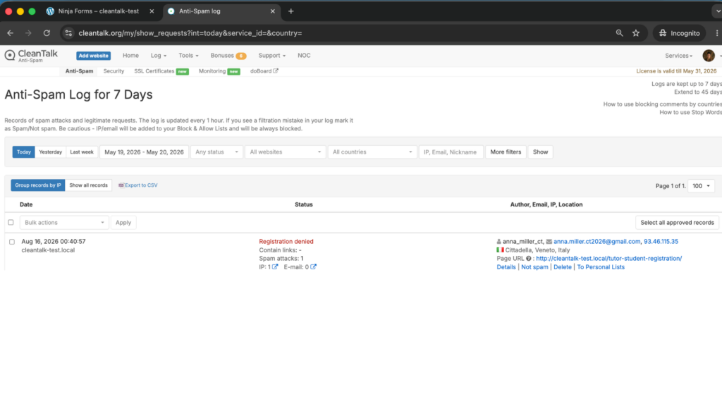 Screenshot: Forbidden, sender blacklisted