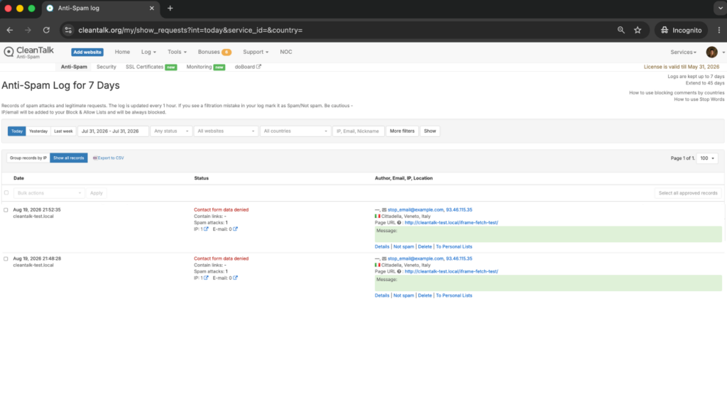 Screenshot: Forbidden, sender blacklisted